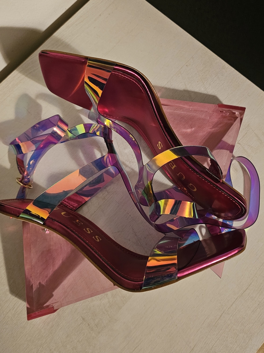 GUESS Women's Holographic Pink Strappy Sandals